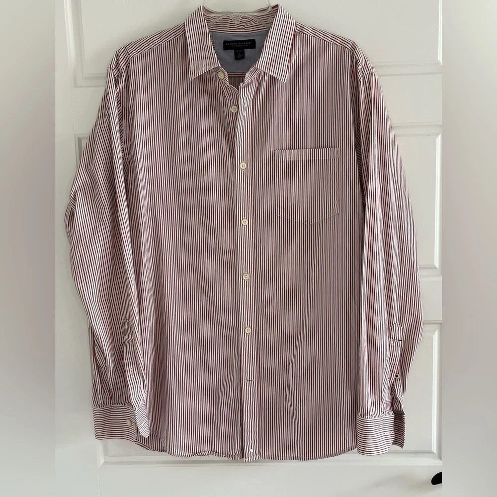 Banana Republic Soft Wash Button Up Shirt Red White Blue Pinstripe Cotton Mens L